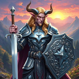 A male tiefling paladin standing resolutely in polished silver armor, reflecting light in brilliant hues