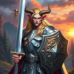 A male tiefling paladin standing resolutely in polished silver armor, reflecting light in brilliant hues