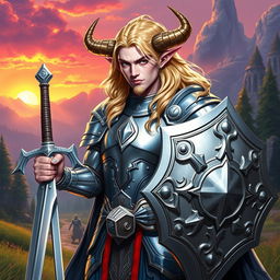 A male tiefling paladin standing resolutely in polished silver armor, reflecting light in brilliant hues