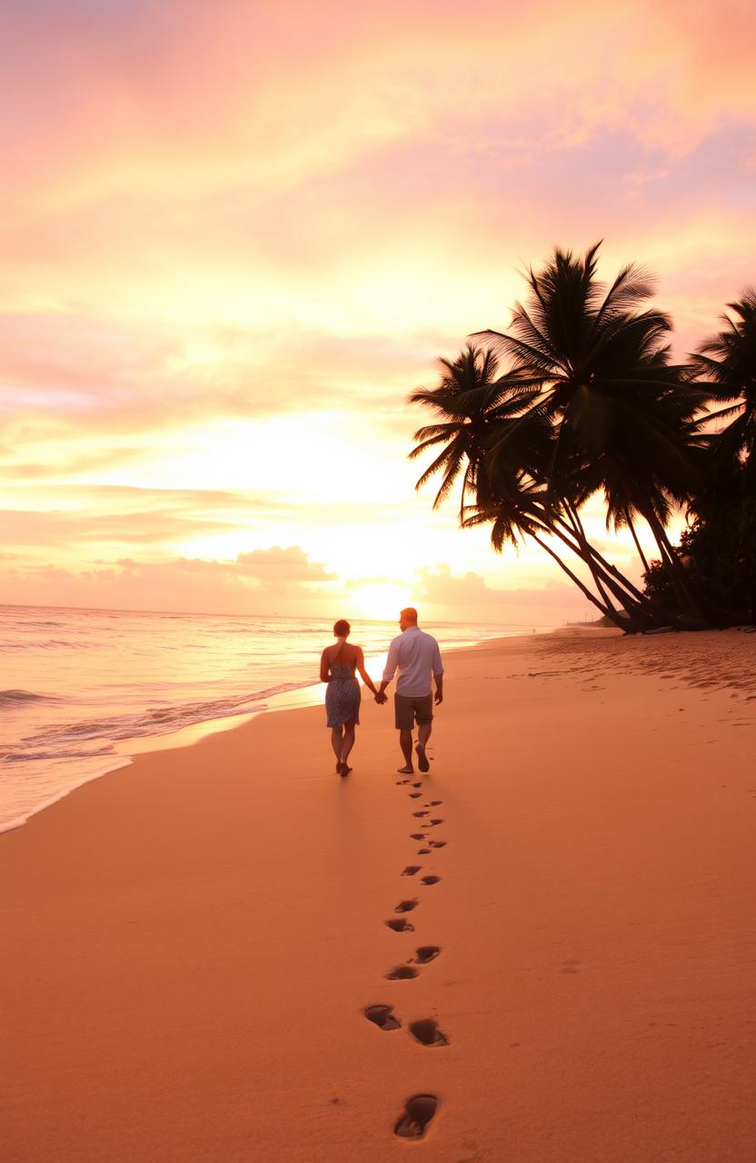 A serene beach at sunset with soft golden sand and gentle waves lapping at the shore