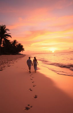 A serene beach at sunset with soft golden sand and gentle waves lapping at the shore