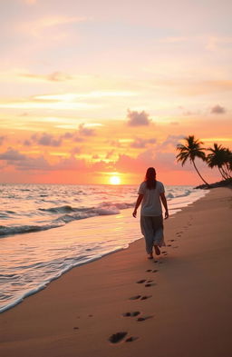 A serene beach at sunset with soft golden sand and gentle waves lapping at the shore