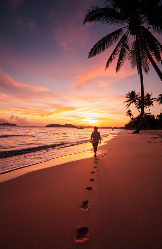 A serene beach at sunset with soft golden sand and gentle waves lapping at the shore