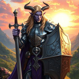 A male tiefling paladin standing valiantly in polished silver armor that shimmers in the light