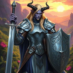 A male tiefling paladin standing valiantly in polished silver armor that shimmers in the light