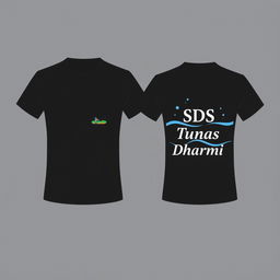 A front-and-back T-shirt design for a rafting activity, specifically for SDS Tunas Dharma teachers