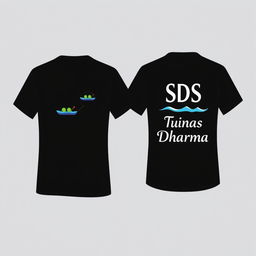 A front-and-back T-shirt design for a rafting activity, specifically for SDS Tunas Dharma teachers