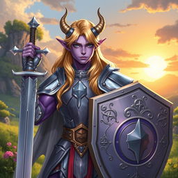 A young male tiefling paladin standing proudly in polished silver armor, radiating youthful energy and determination