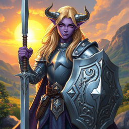 A young male tiefling paladin standing proudly in polished silver armor, radiating youthful energy and determination