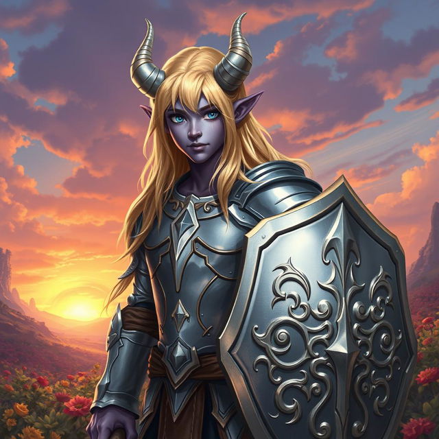 A young male tiefling paladin standing confidently in polished silver armor that catches the light beautifully