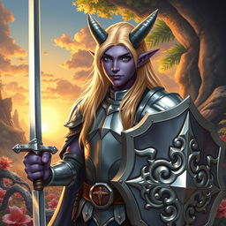 A young male tiefling paladin standing confidently in polished silver armor that catches the light beautifully
