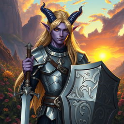 A young male tiefling paladin standing confidently in polished silver armor that catches the light beautifully