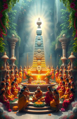 A beautiful depiction of a Siva Lingam prominently situated in the center of an elaborate spiritual setting