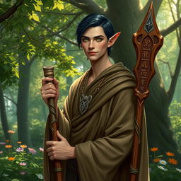 A high elf druid standing gracefully in the midst of a forest, embodying the harmonious connection with nature