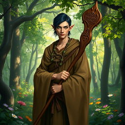 A high elf druid standing gracefully in the midst of a forest, embodying the harmonious connection with nature