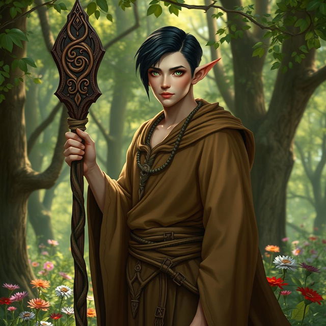 A high elf druid standing gracefully in the midst of a forest, embodying the harmonious connection with nature