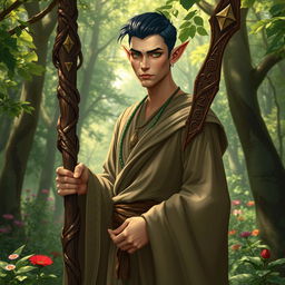 A high elf druid standing gracefully in the midst of a forest, embodying the harmonious connection with nature