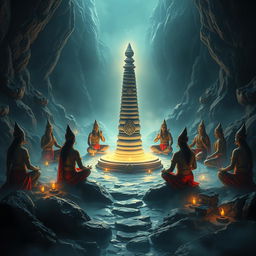 A striking depiction of a Siva Lingam positioned in the center of a mystical landscape