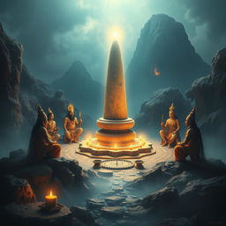 A striking depiction of a Siva Lingam positioned in the center of a mystical landscape