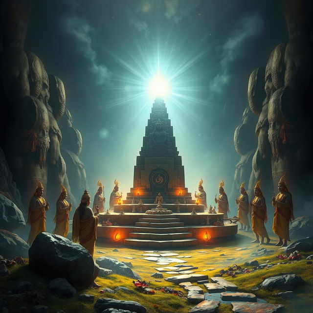 A striking depiction of a Siva Lingam positioned in the center of a mystical landscape