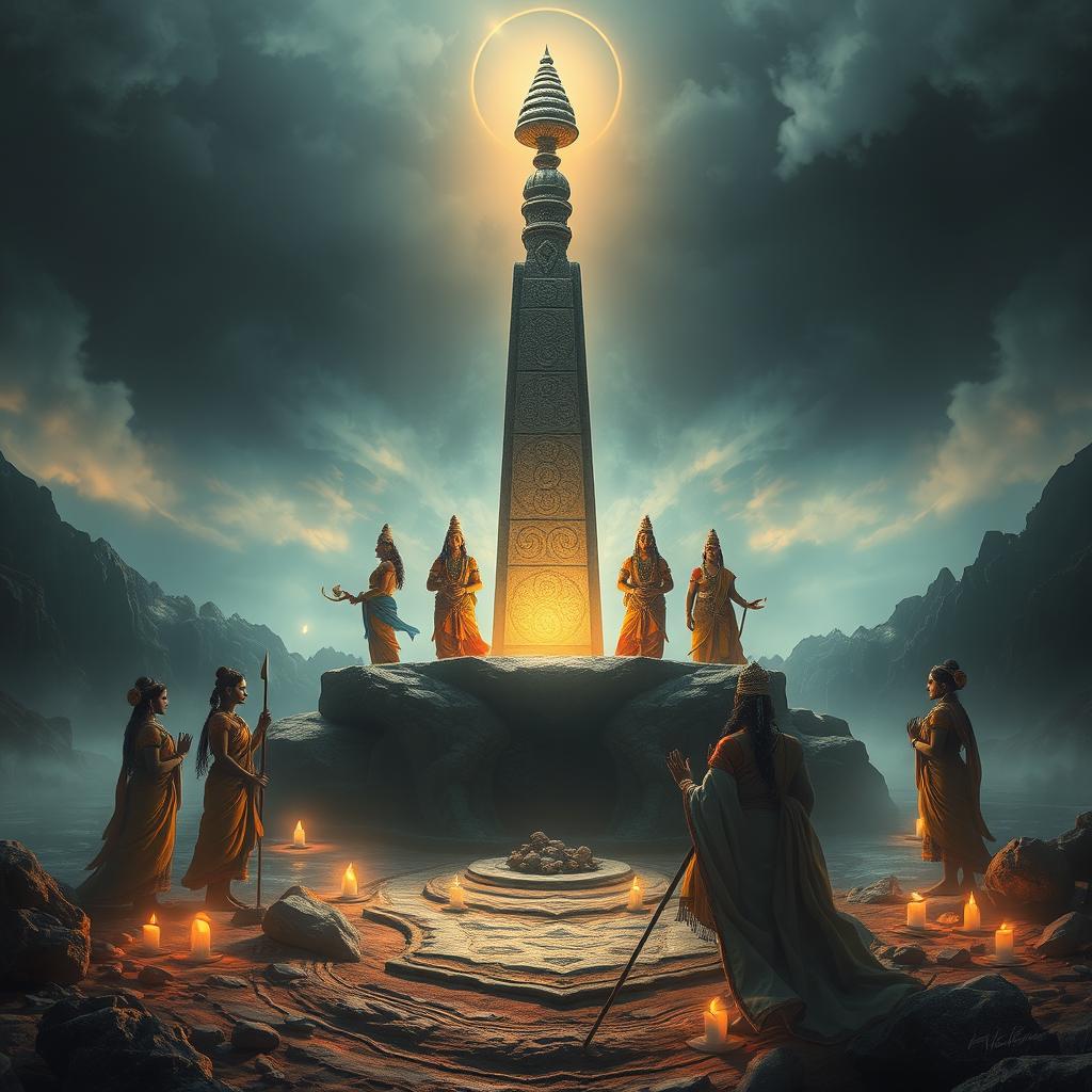 A striking depiction of a Siva Lingam positioned in the center of a mystical landscape