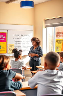 A teacher engaging students in an interactive listening activity in a colorful classroom setting