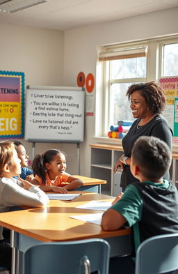 A teacher engaging students in an interactive listening activity in a colorful classroom setting