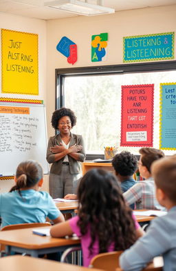 A teacher engaging students in an interactive listening activity in a colorful classroom setting