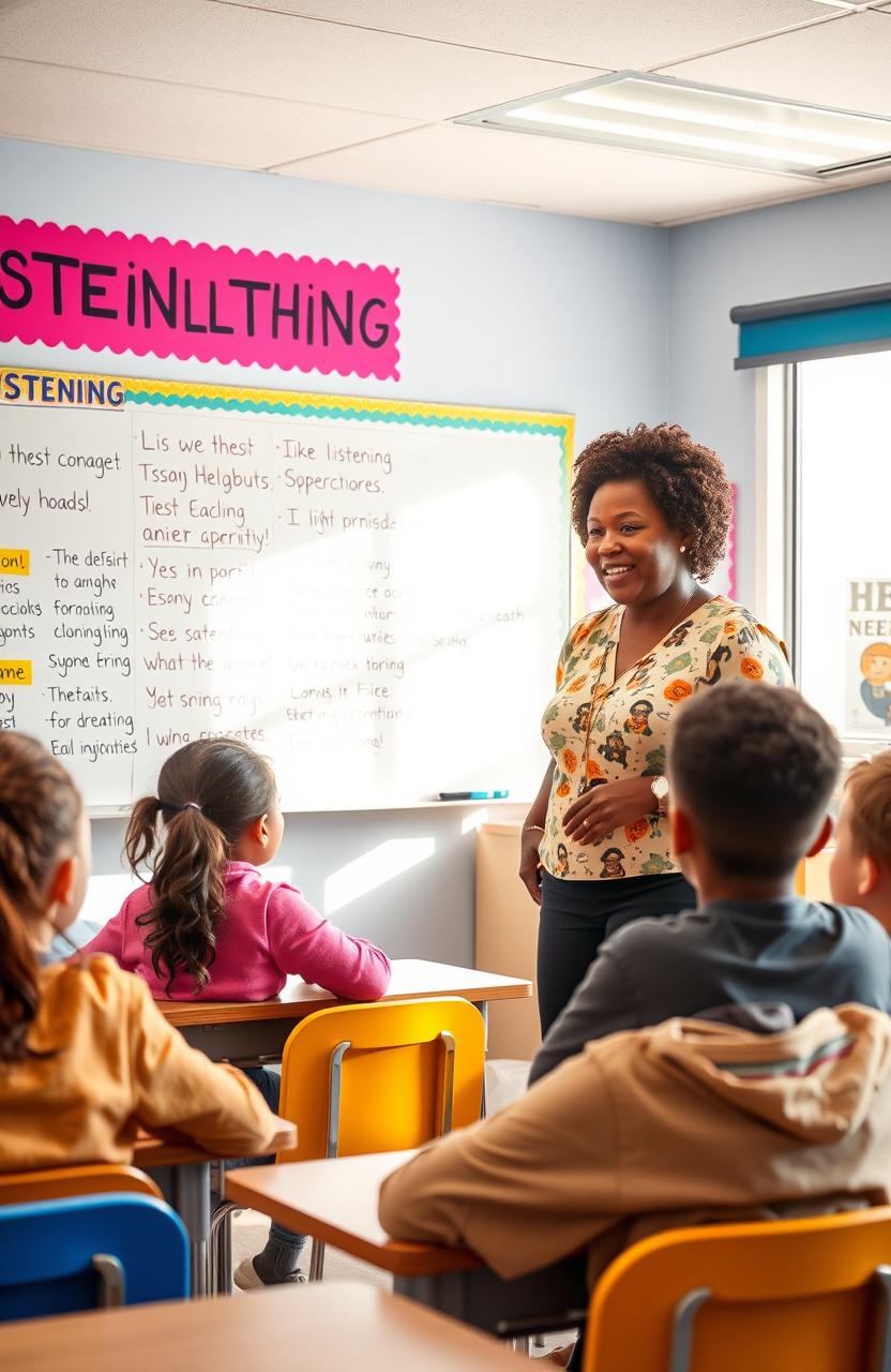 A teacher engaging students in an interactive listening activity in a colorful classroom setting