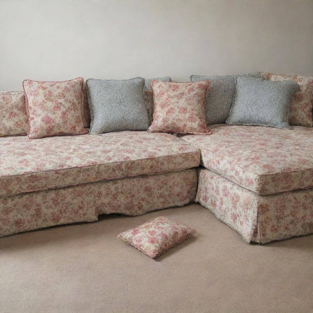 Patterned sofa cushions arranged in various positions.