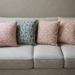 Patterned sofa cushions arranged in various positions.