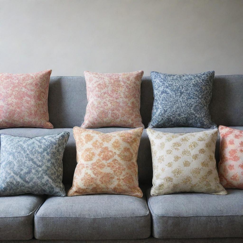 Patterned sofa cushions arranged in various positions.