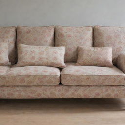 Patterned sofa cushions arranged in various positions.