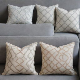 Patterned pillows for a sofa, arranged in a variety of positions.