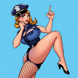 A 16-bit video game style graphic of a sexy pin-up police officer striking a provocative pose