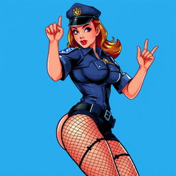 A 16-bit video game style graphic of a sexy pin-up police officer striking a provocative pose