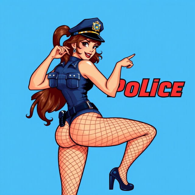 A 16-bit video game style graphic of a sexy pin-up police officer striking a provocative pose