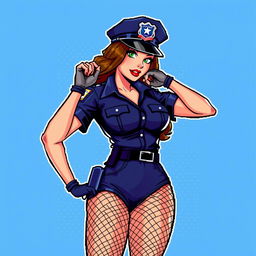 A 16-bit video game style graphic of a sexy pin-up police officer striking a provocative pose