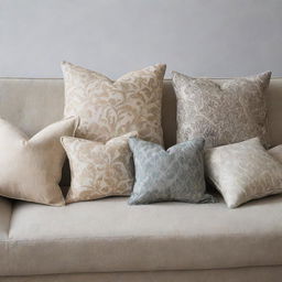 Patterned pillows for a sofa, arranged in a variety of positions.