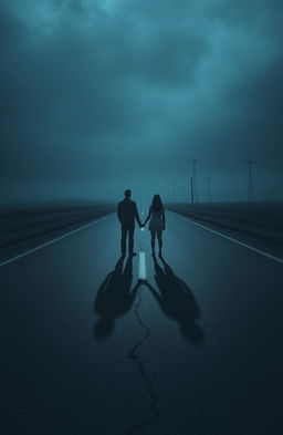 A poignant scene depicting a couple standing on opposite sides of a lonely, cracked road, both looking forlorn and filled with melancholy