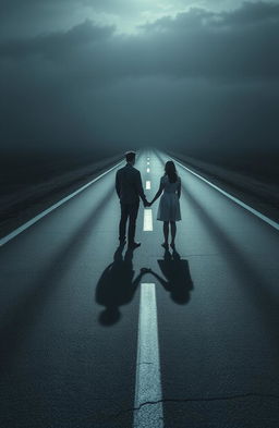 A poignant scene depicting a couple standing on opposite sides of a lonely, cracked road, both looking forlorn and filled with melancholy