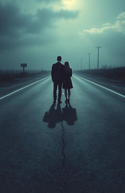 A poignant scene depicting a couple standing on opposite sides of a lonely, cracked road, both looking forlorn and filled with melancholy