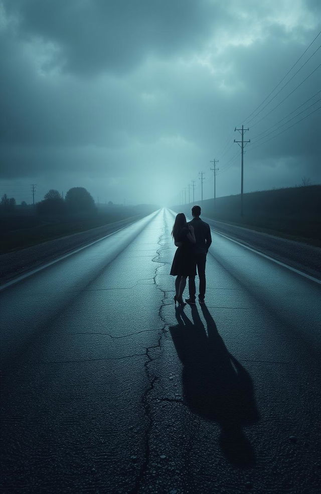 A poignant scene depicting a couple standing on opposite sides of a lonely, cracked road, both looking forlorn and filled with melancholy