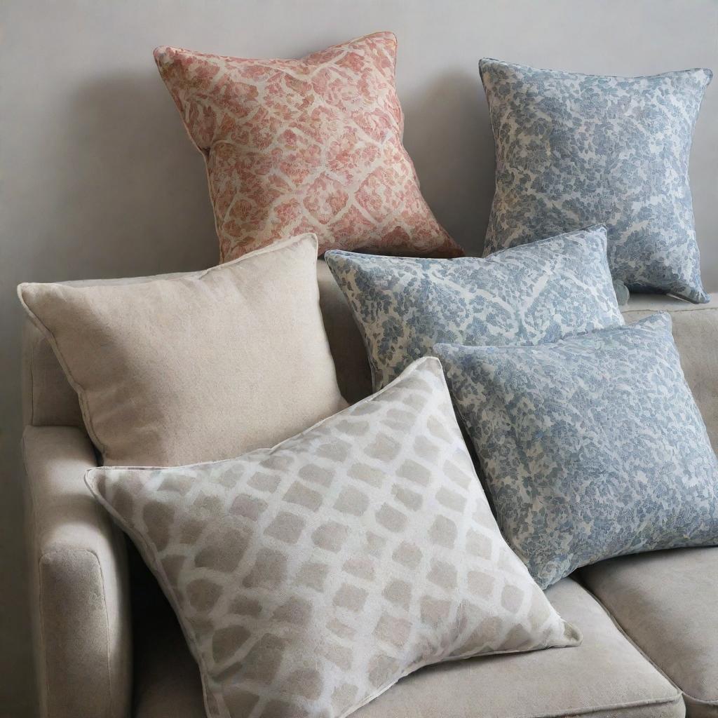 Patterned pillows for a sofa, arranged in a variety of positions.