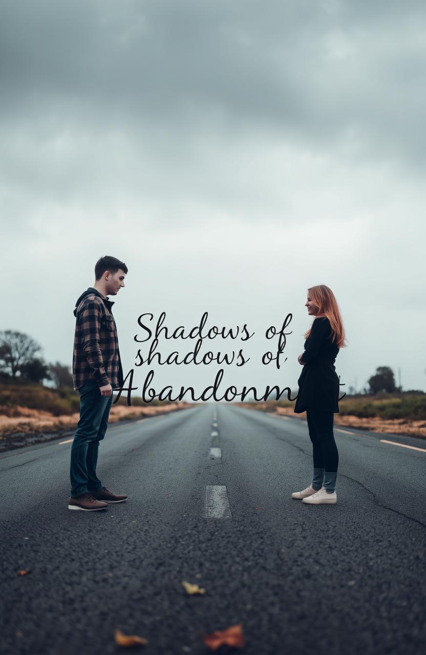 A couple standing on opposite sides of a deserted road, both looking sad and longing for each other