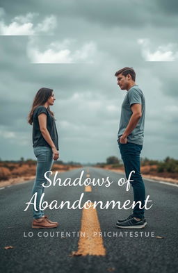 A couple standing on opposite sides of a deserted road, both looking sad and longing for each other