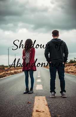 A couple standing on opposite sides of a deserted road, both looking sad and longing for each other