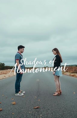 A couple standing on opposite sides of a deserted road, both looking sad and longing for each other