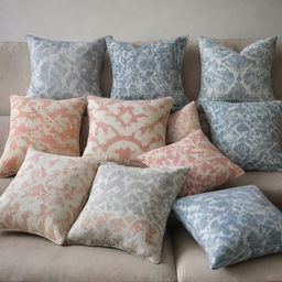 Patterned pillows for a sofa, arranged in a variety of positions.