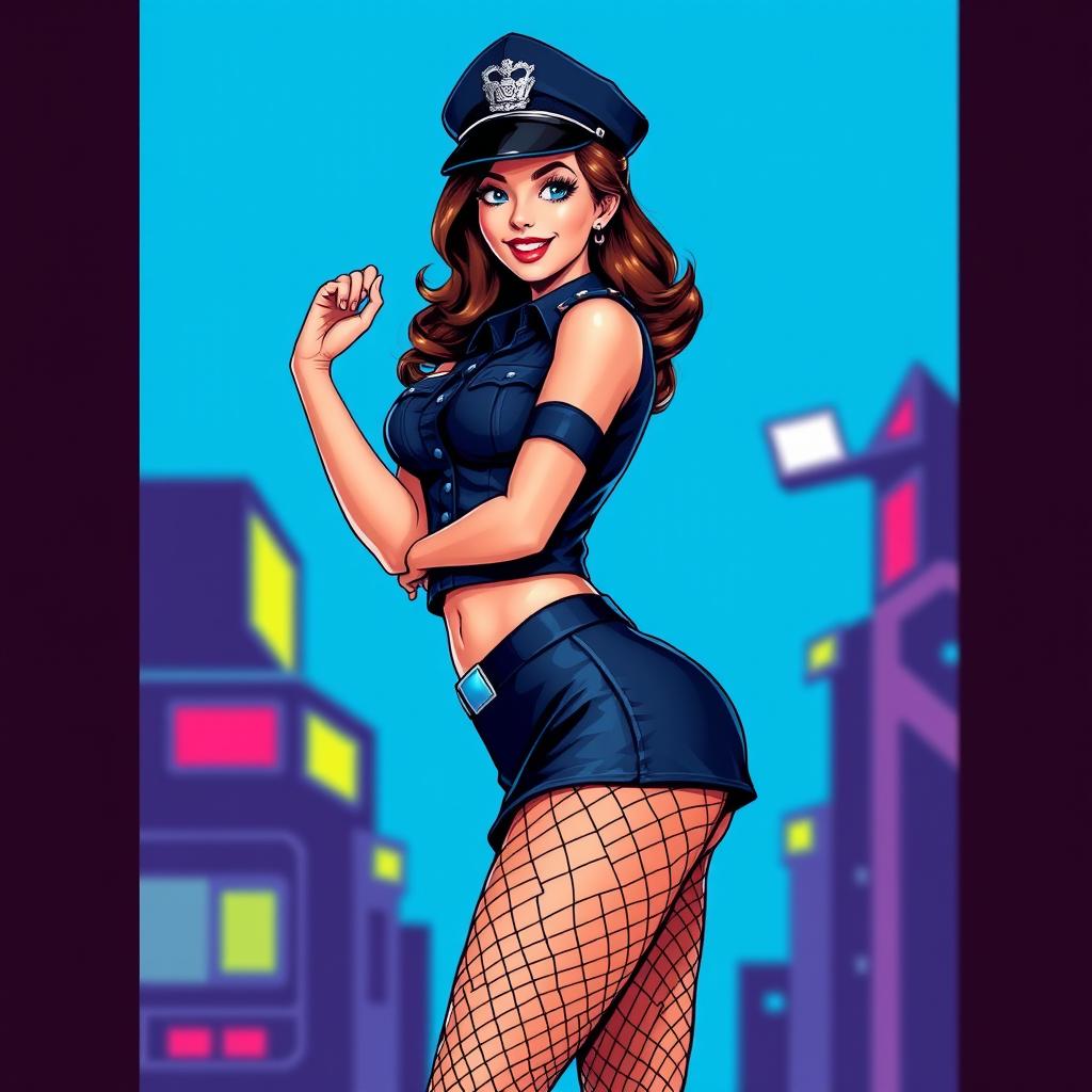 A sexy pin-up style police officer in a playful yet confident pose, featuring classic 16-bit video game graphics